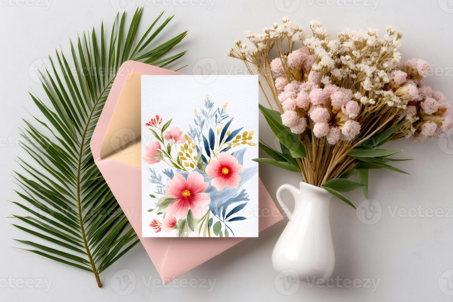 Pink floral greeting card with envelope, dry flowers and palm leaf lying on white table photo