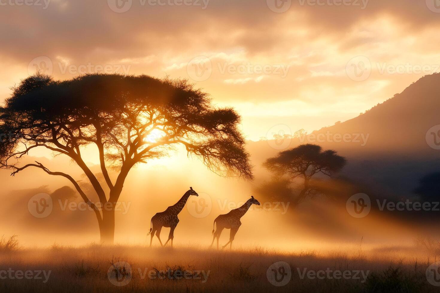 Giraffes walking in the african savanna at sunrise photo