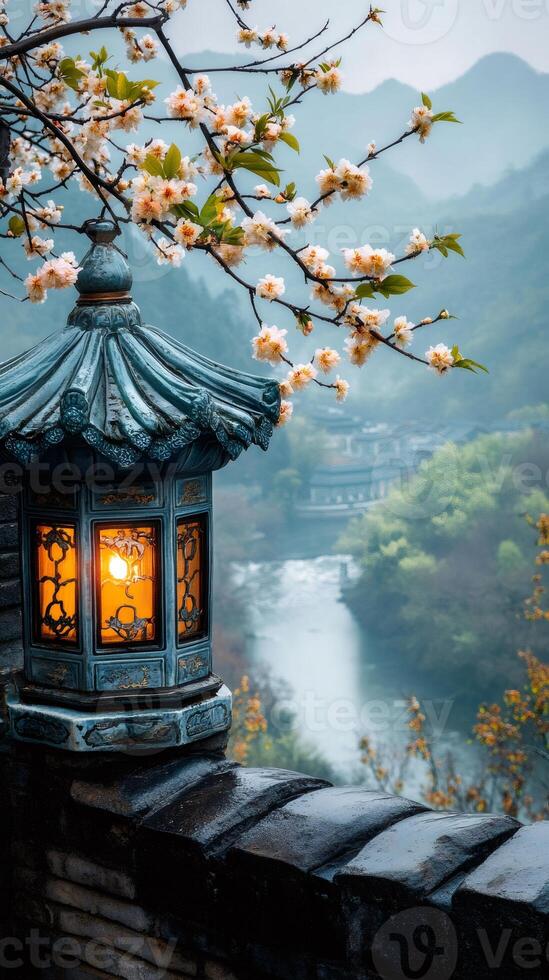 Glowing chinese lantern illuminating foggy valley with blooming tree branch in the foreground photo