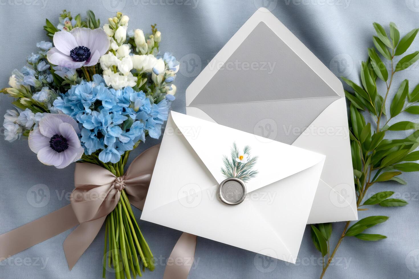 Wedding invitation, white envelopes, blue and white bouquet and plant sprig resting on light blue fabric photo