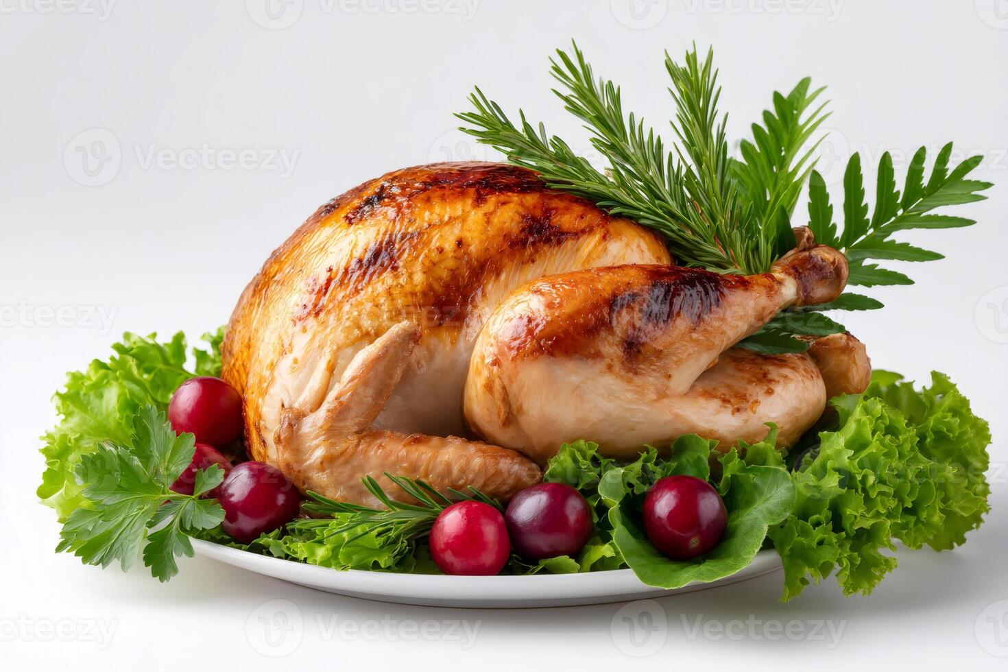 Roasted turkey garnished with rosemary and lettuce for thanksgiving dinner photo