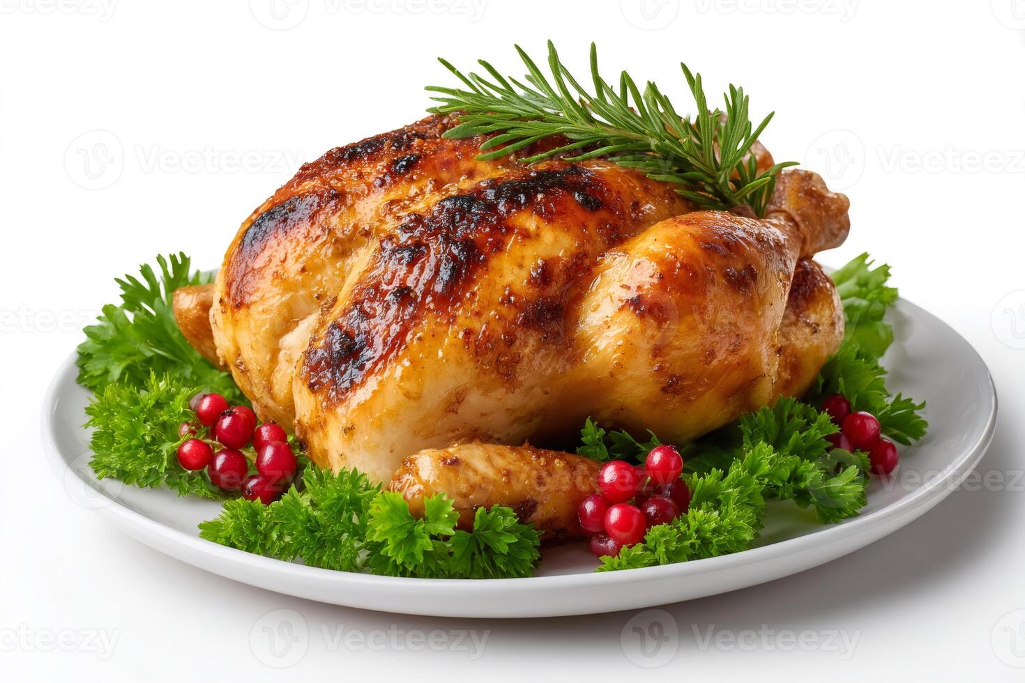 Roasted chicken garnished with rosemary and redcurrant on white background photo