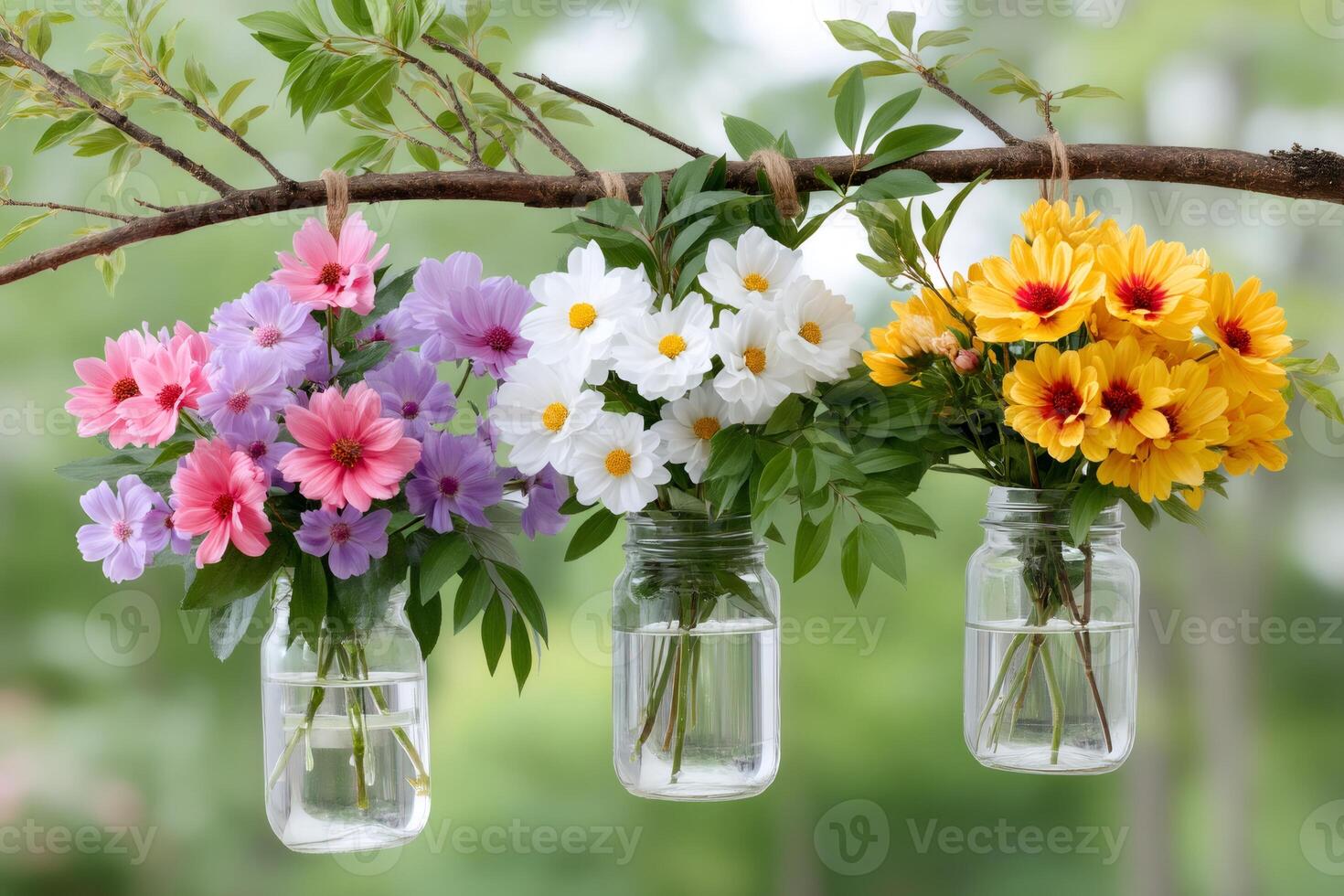 Colorful flower bouquets hanging from tree branch in glass jars photo