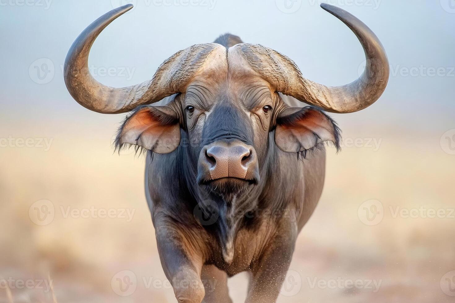 African buffalo running in the savanna with large horns photo