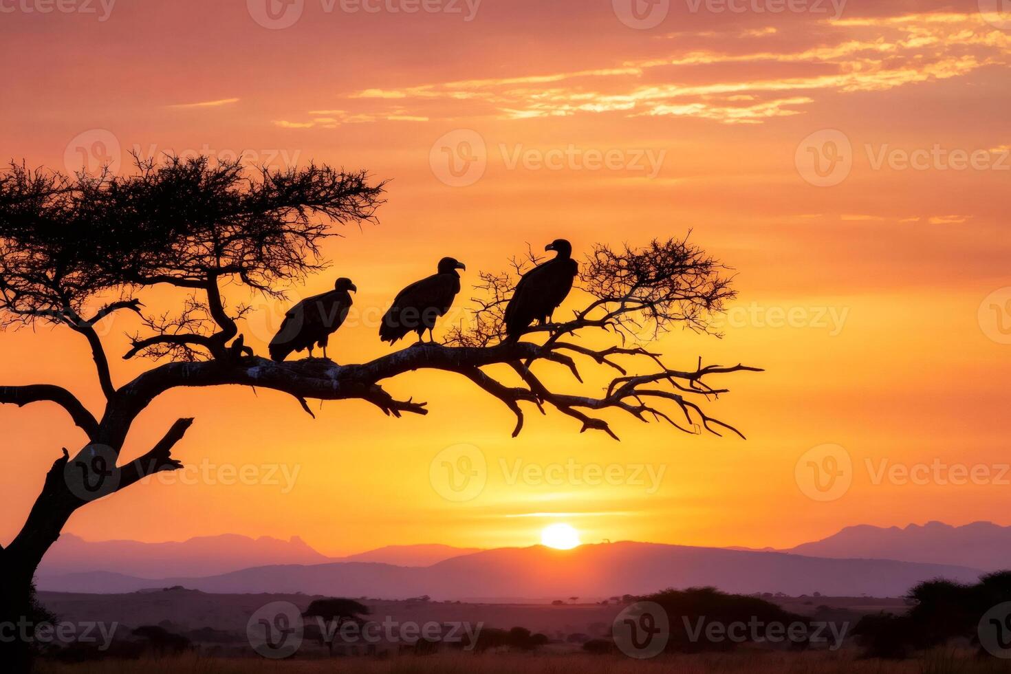 Vultures resting on a branch at sunrise in the african savanna photo