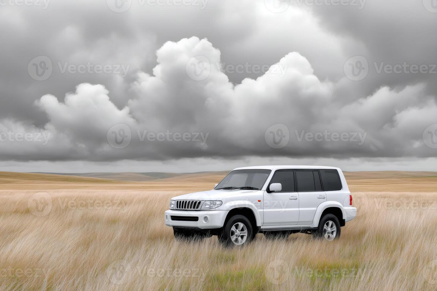 White SUV parked in a field under a cloudy sky photo