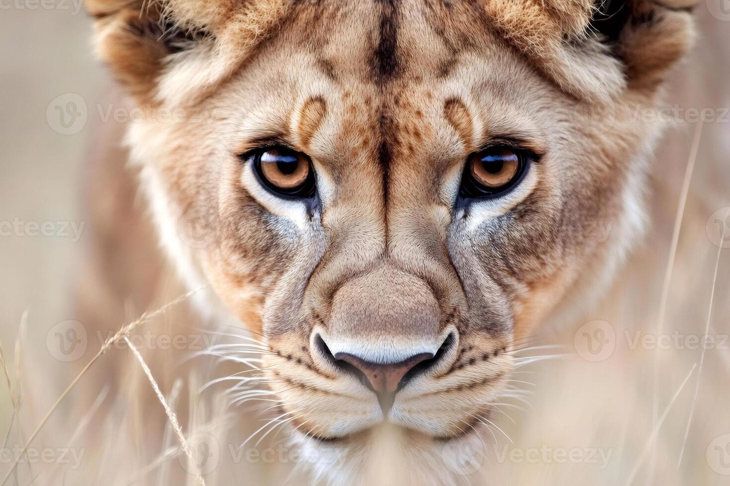 Young lioness hiding in the tall grass of african savanna photo