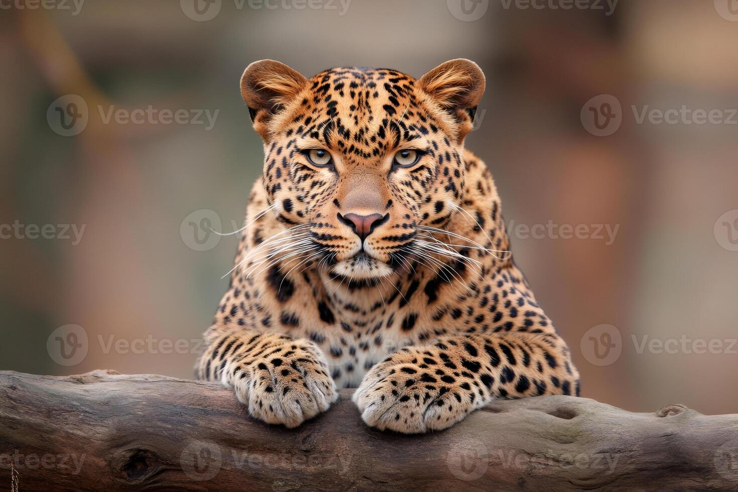 Leopard resting its paws on a branch looking intensely photo