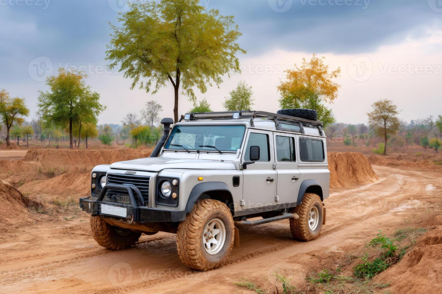 Land Rover Defender driving on a muddy road in a rural landscape photo