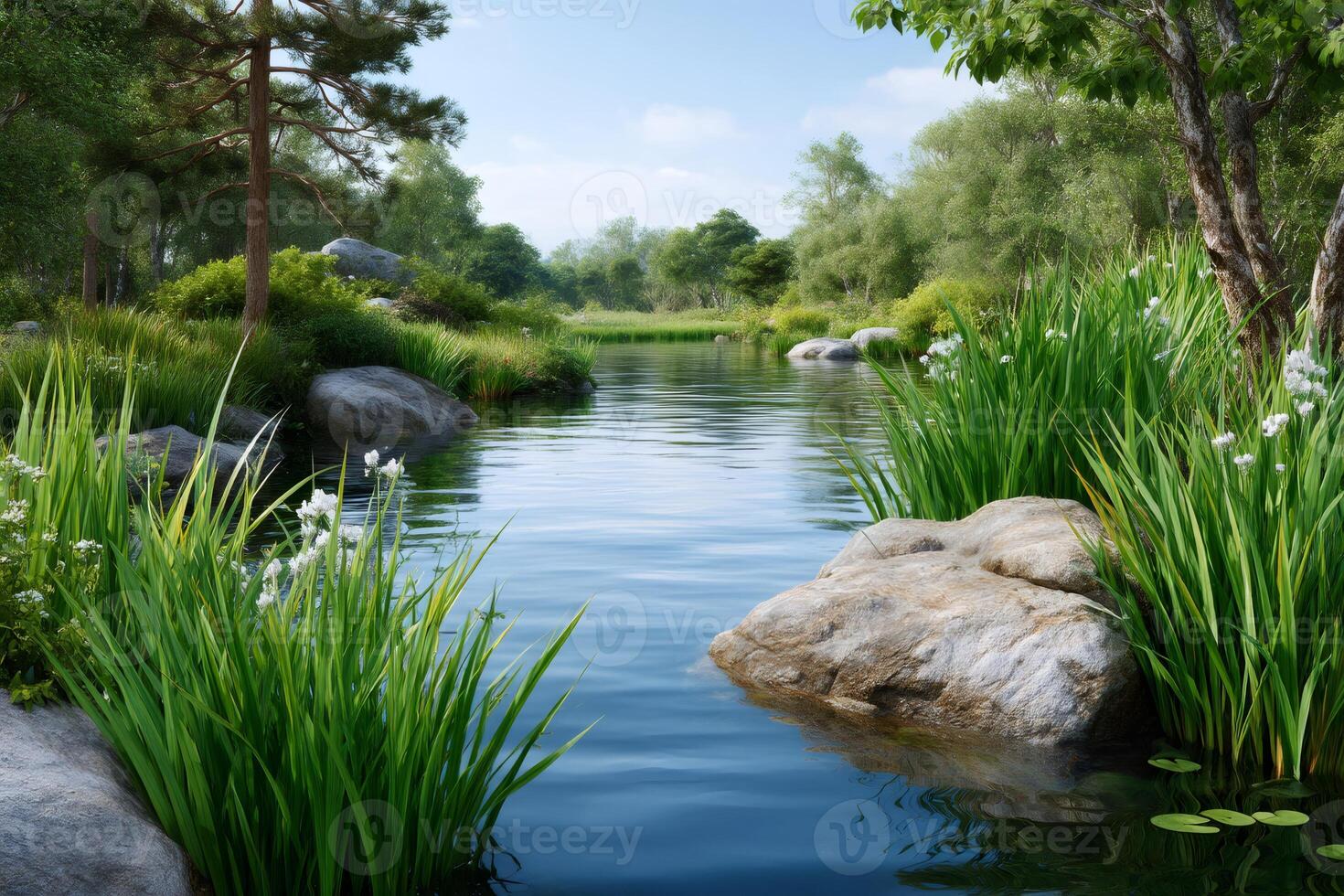 Serene river flowing through lush green vegetation in summer photo