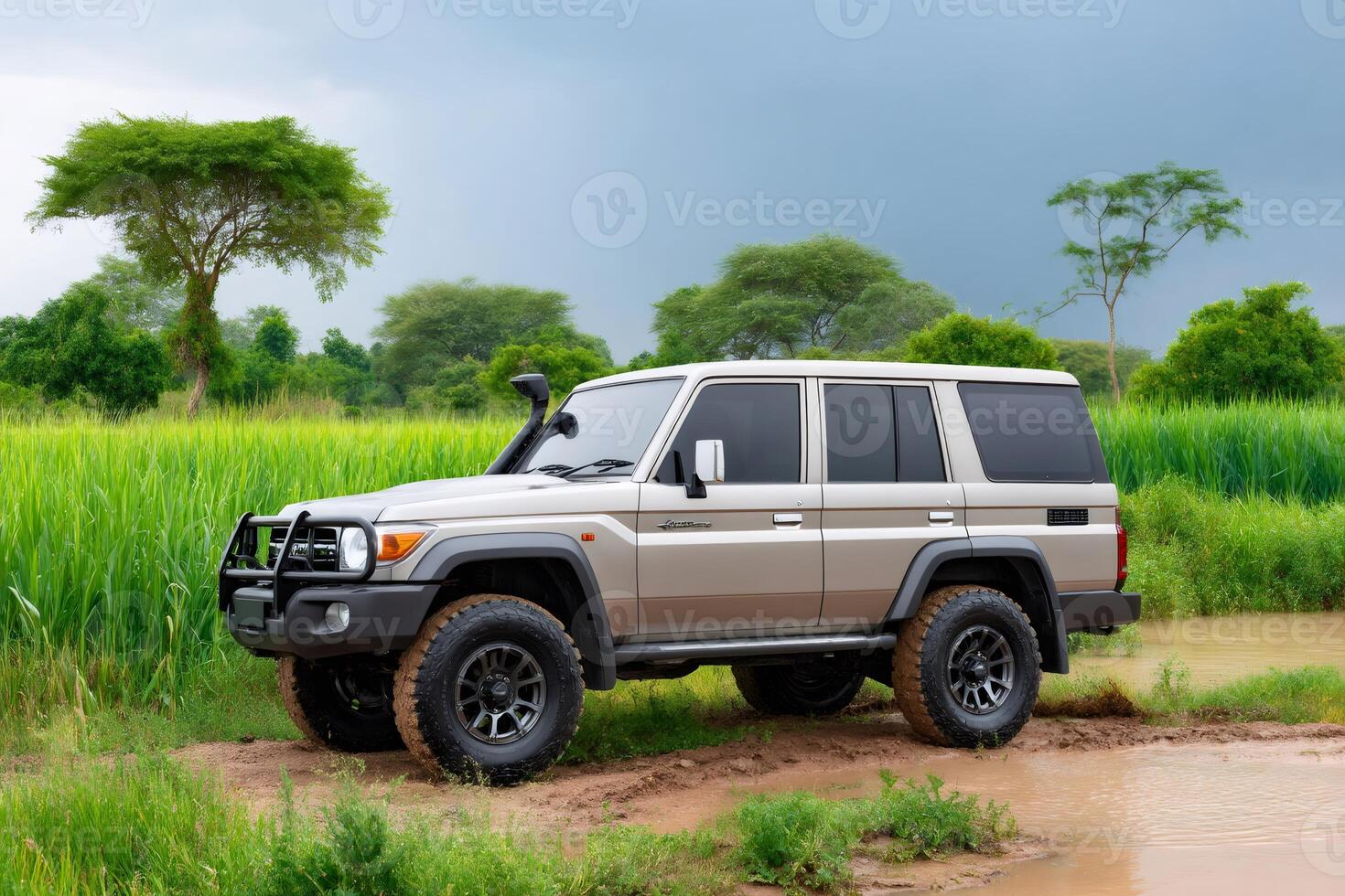Toyota Land Cruiser driving off-road in a green field photo
