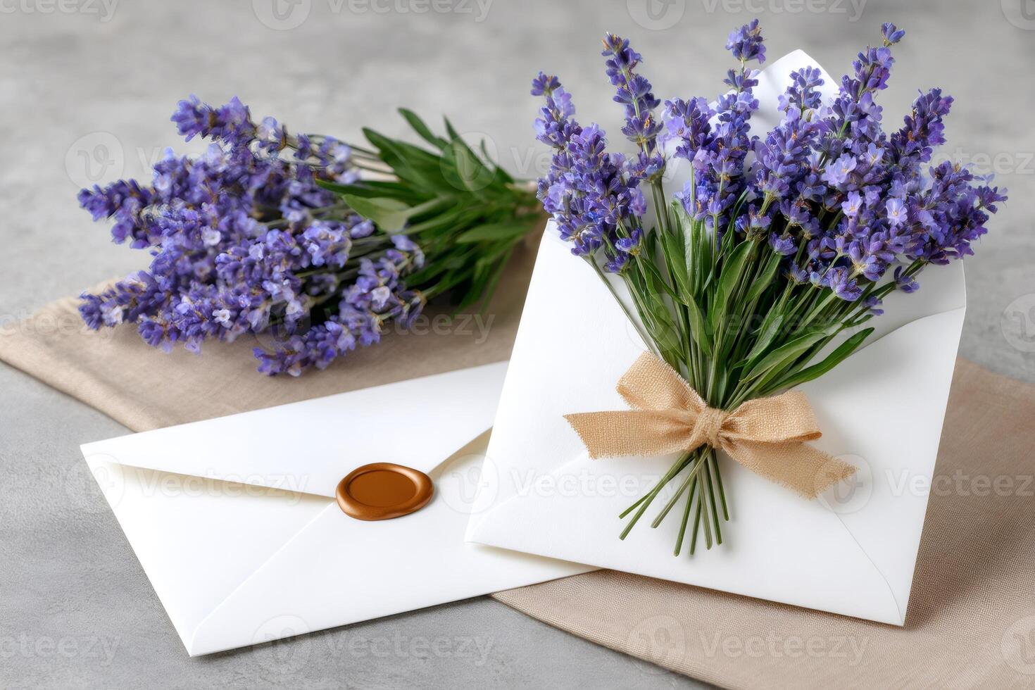 Lavender bouquet presented in white envelope with wax sealed envelope behind photo