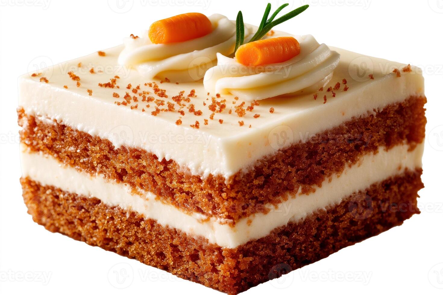 Delicious carrot cake slice decorated with cream and rosemary photo