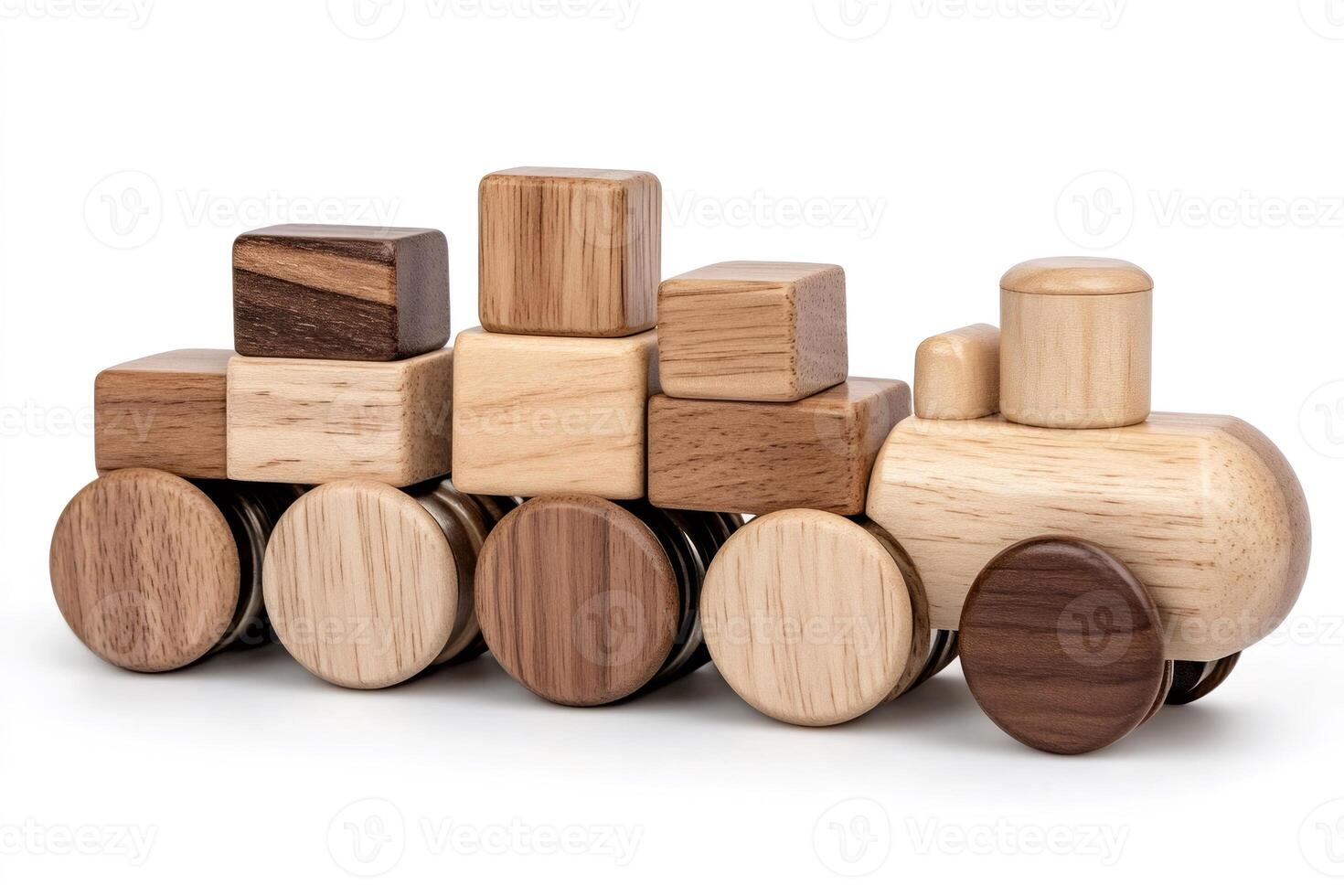 Wooden toy train with cargo on a white background photo