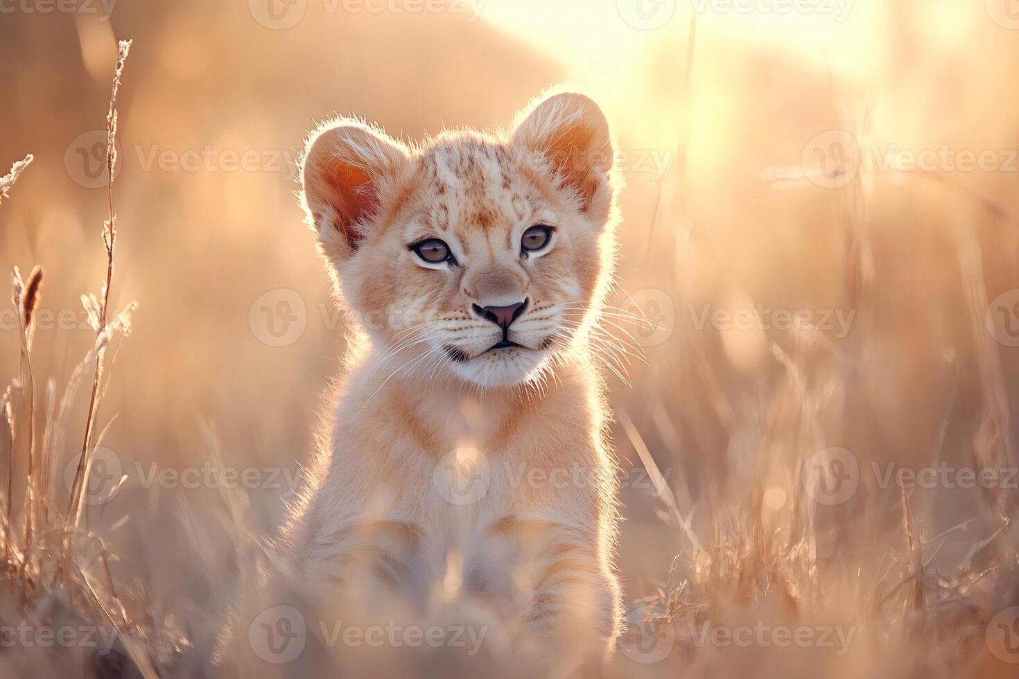 Lion cub enjoying golden hour sunlight in african savanna photo
