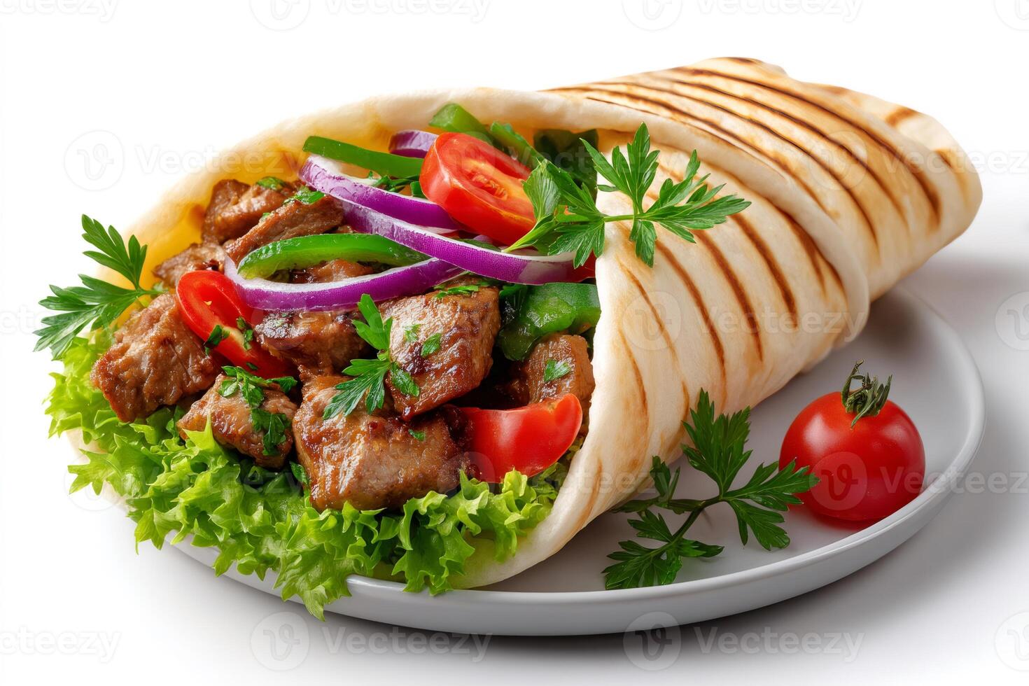 Tortilla wrap with grilled meat, vegetables and lettuce on white background photo