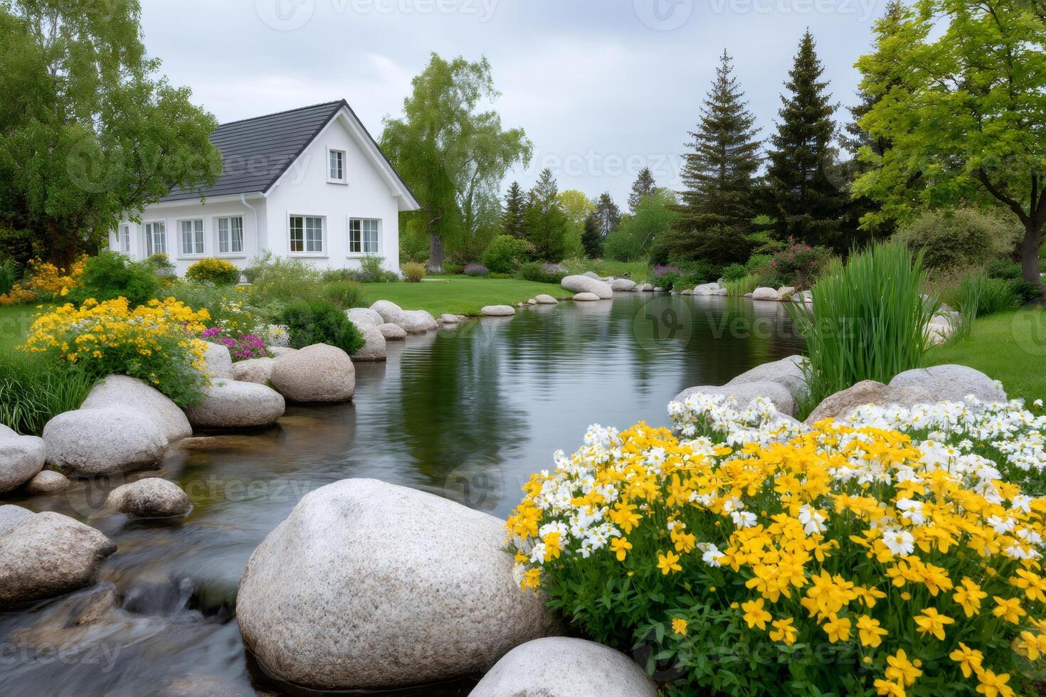Beautiful white house with garden and pond reflecting cloudy sky photo