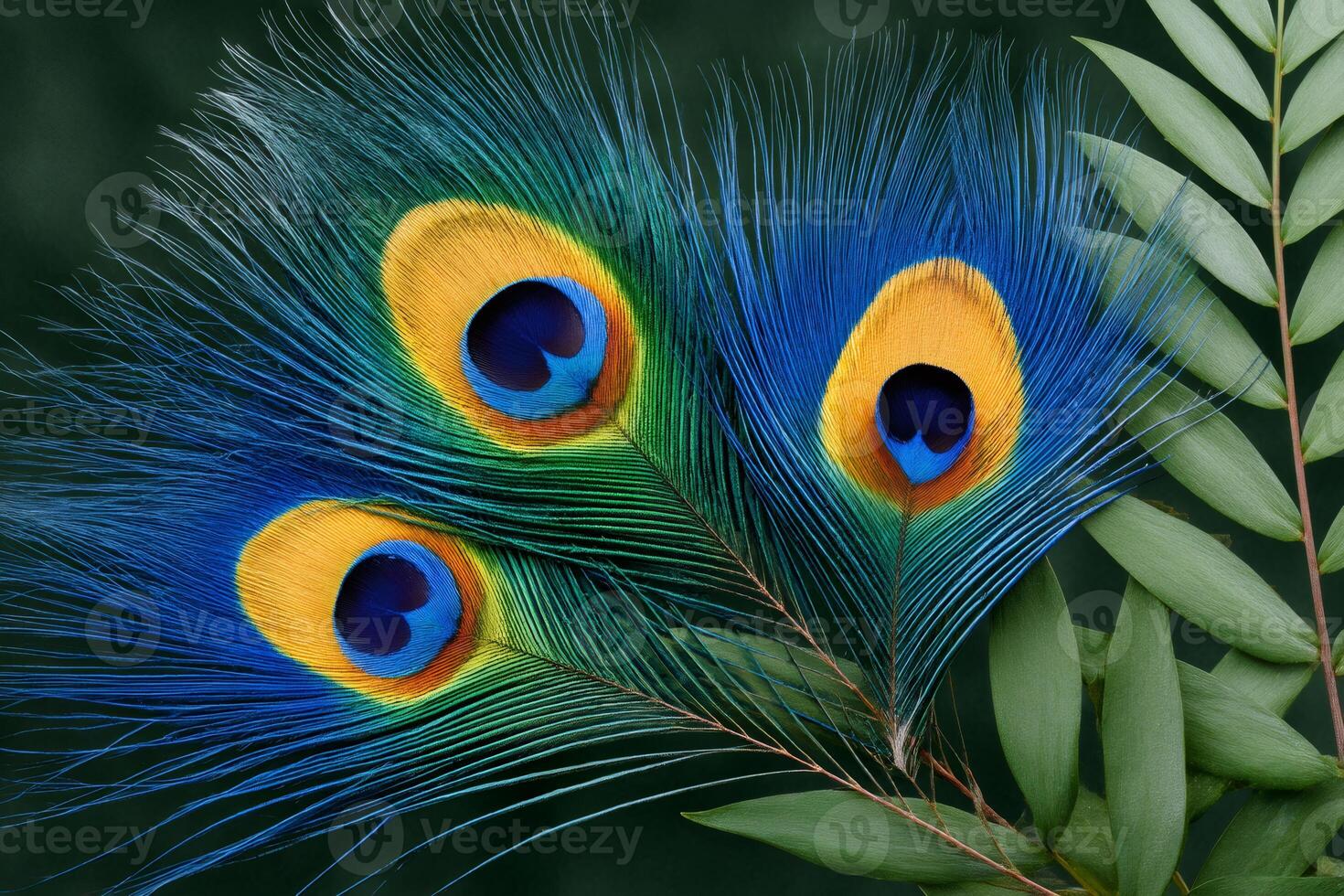 Vibrant Peacock Feathers with Green Leaves Displaying Elegance photo