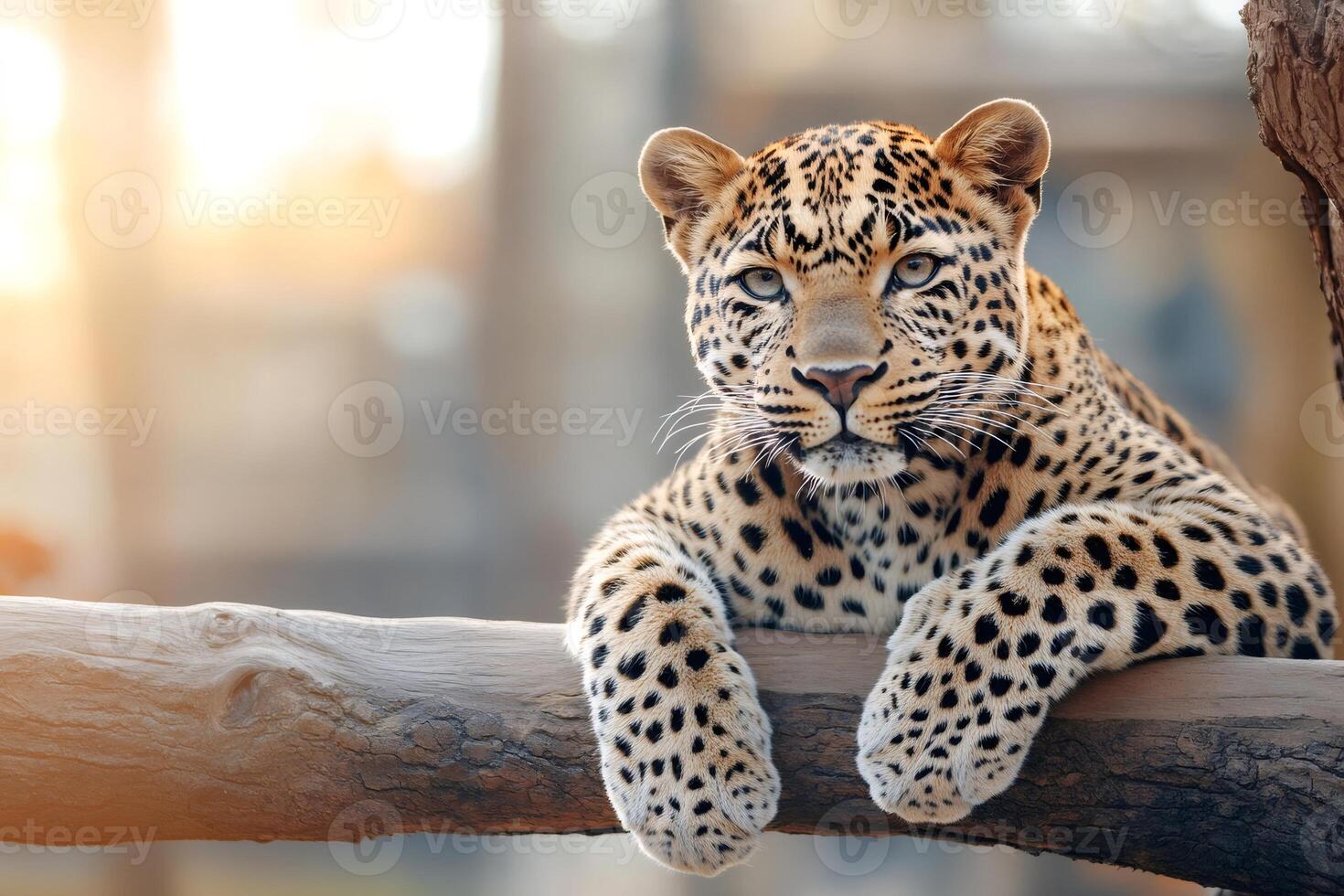 Leopard resting on a branch at sunset looking intensely photo