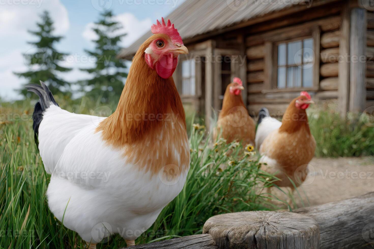Chickens standing by a wooden fence in front of a log cabin photo