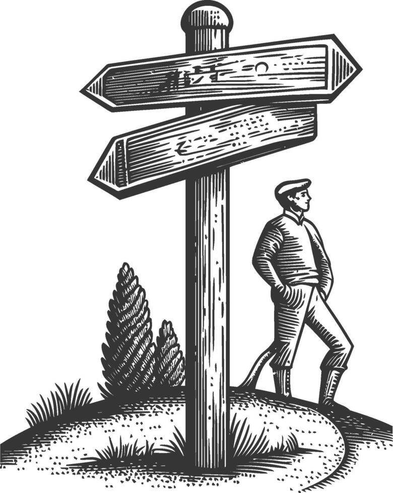 Stylish Illustration of a Person Next to Directional Signpost vector