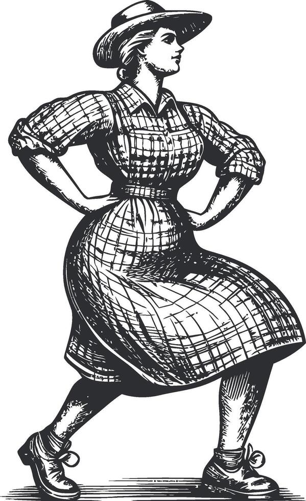 Vintage Woman in Dress Walking Confidently - Engraved Style Illustration vector