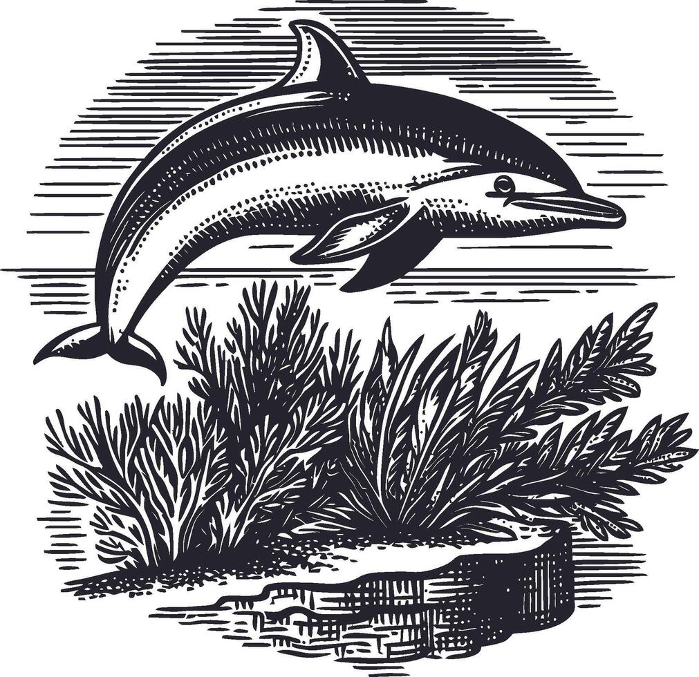 Vintage Dolphin Illustration with Seaweed and Coral Elements vector