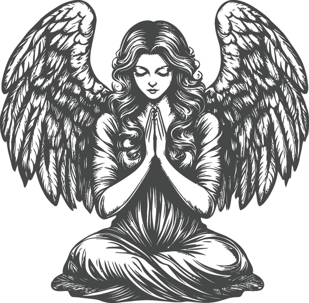 Serene Angel in Prayer with Elegant Wings and Flowing Garments vector