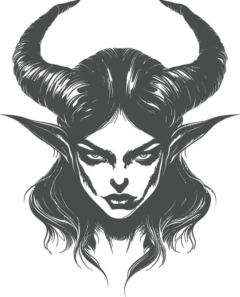 Dark Fantasy Illustration of a Horned Demon Woman in Monochrome Style vector