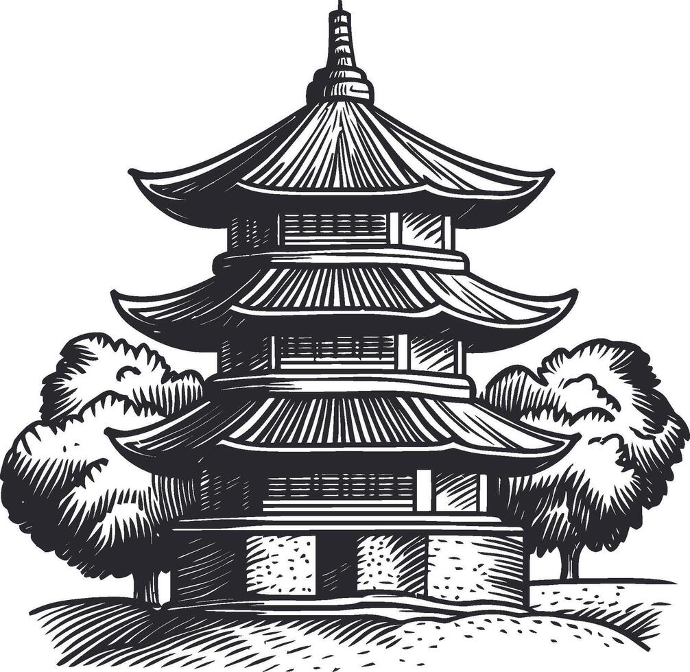 Traditional Asian Pagoda Surrounded by Lush Trees in Black and White vector