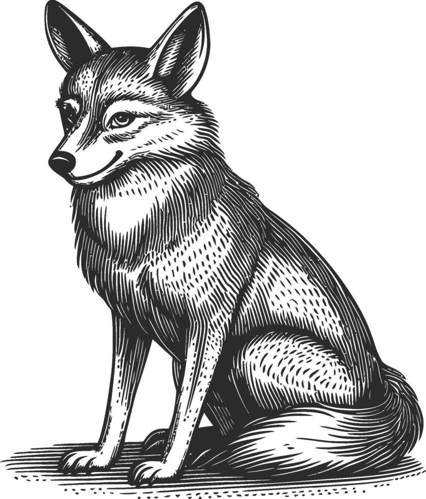 Detailed Illustration of a Sitting Fox in Black and White vector