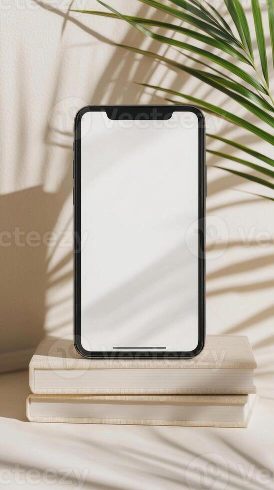 Smartphone Standing on Books with Tropical Shadows photo