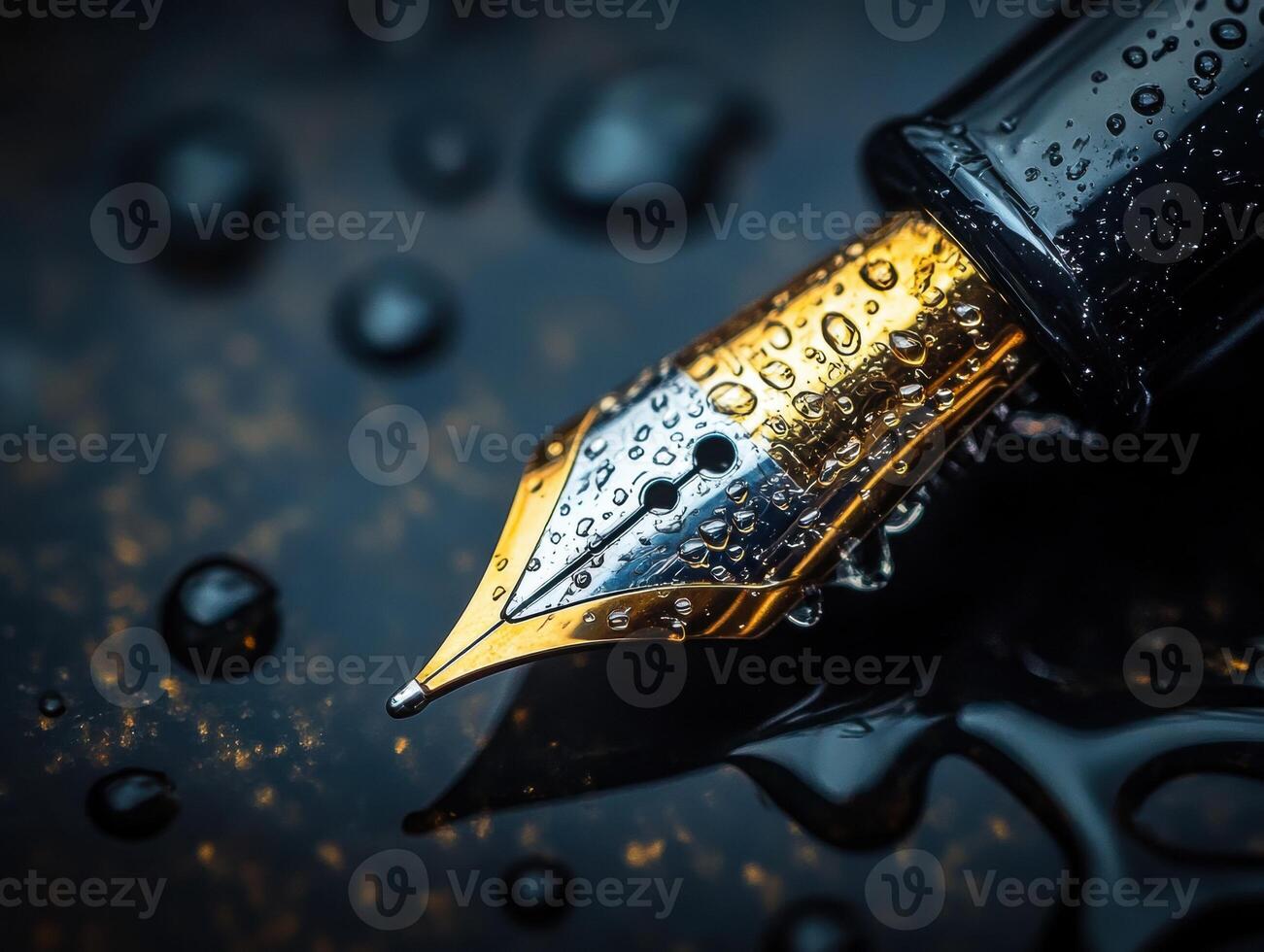 Elegant fountain pen with water droplets reflecting light photo