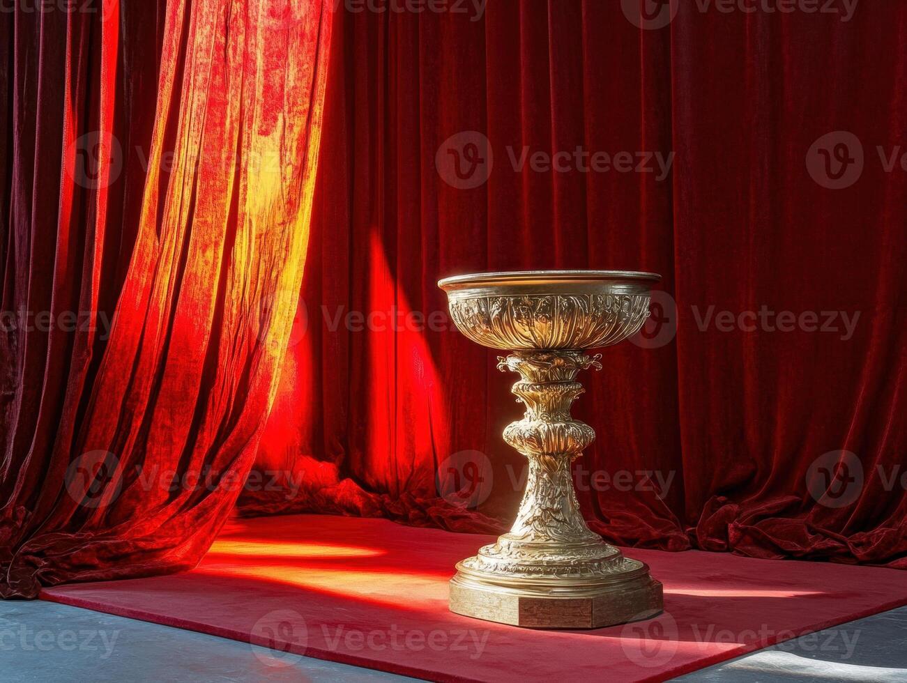 Stunning golden pedestal on red velvet backdrop in bright light photo