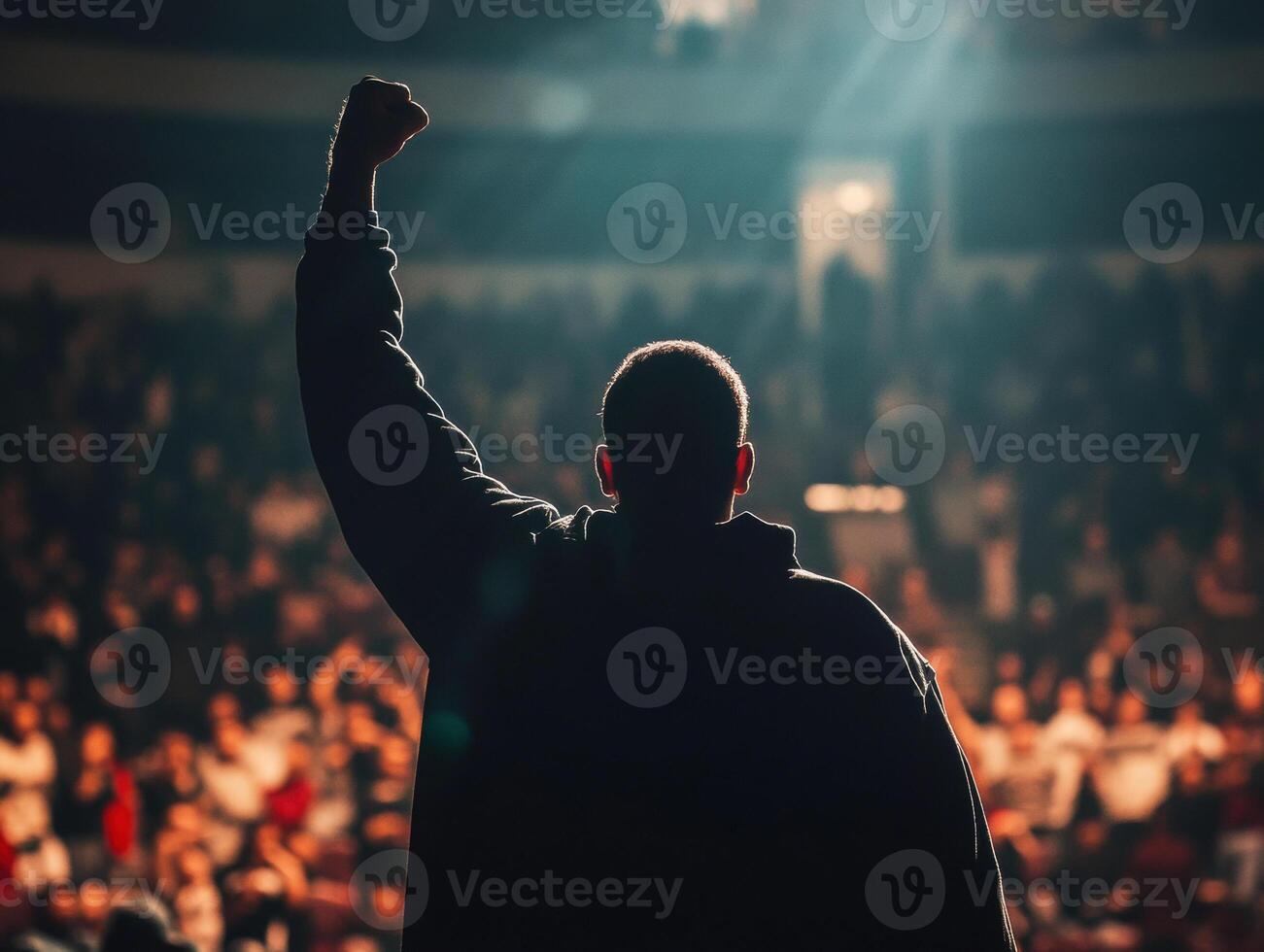 Enthusiastic crowd supports speaker during powerful event photo