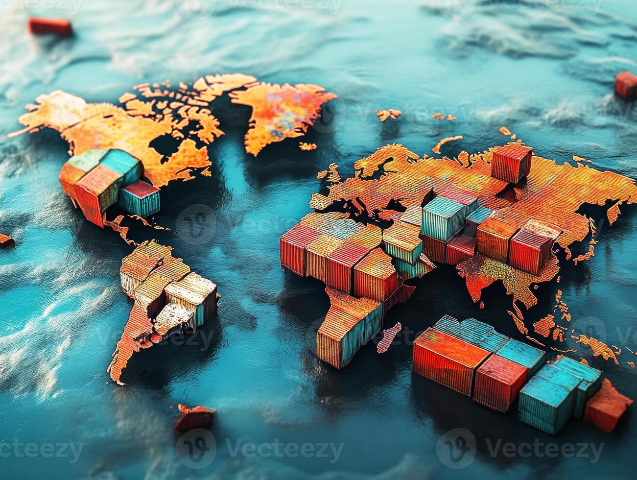 Global trade and shipping with cargo containers on a world map photo