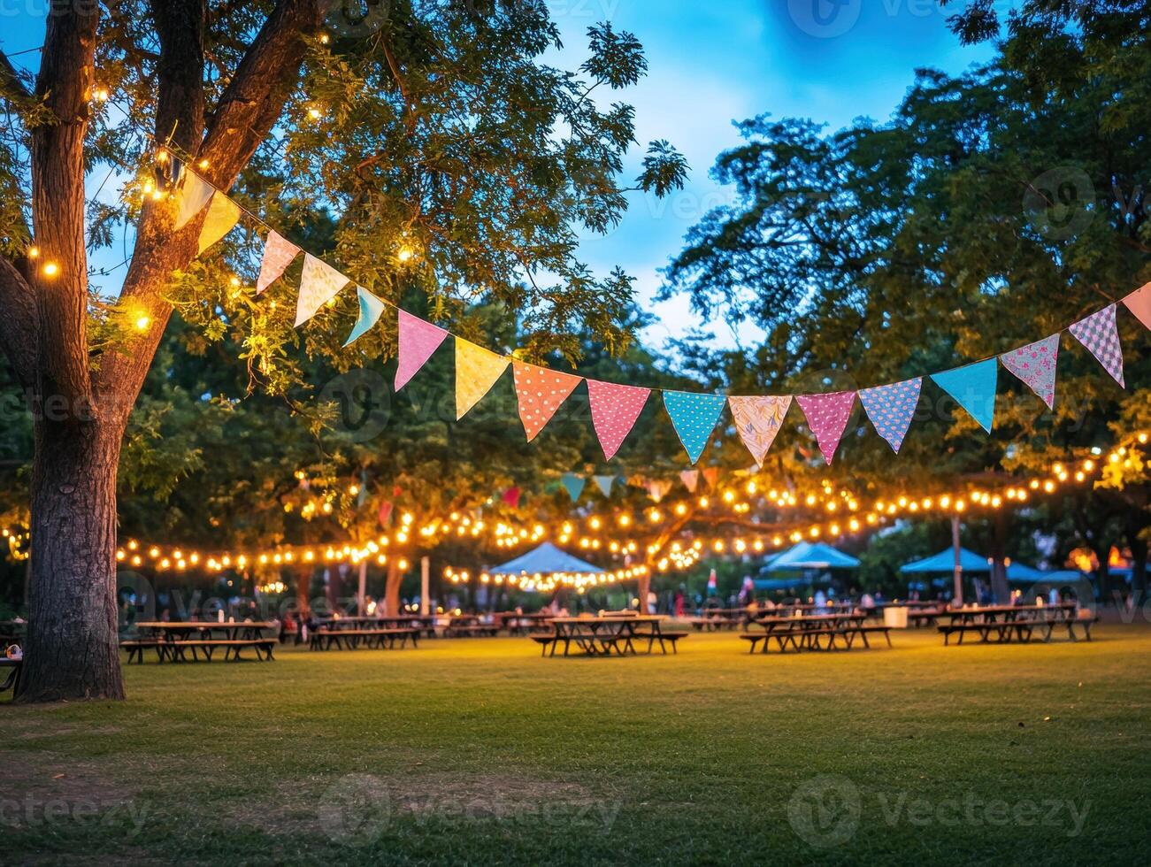 Festive evening gathering in a decorated park photo