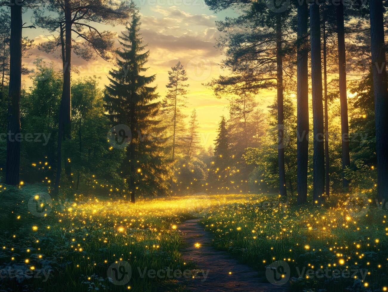Enchanting forest pathway illuminated by fireflies at sunset photo