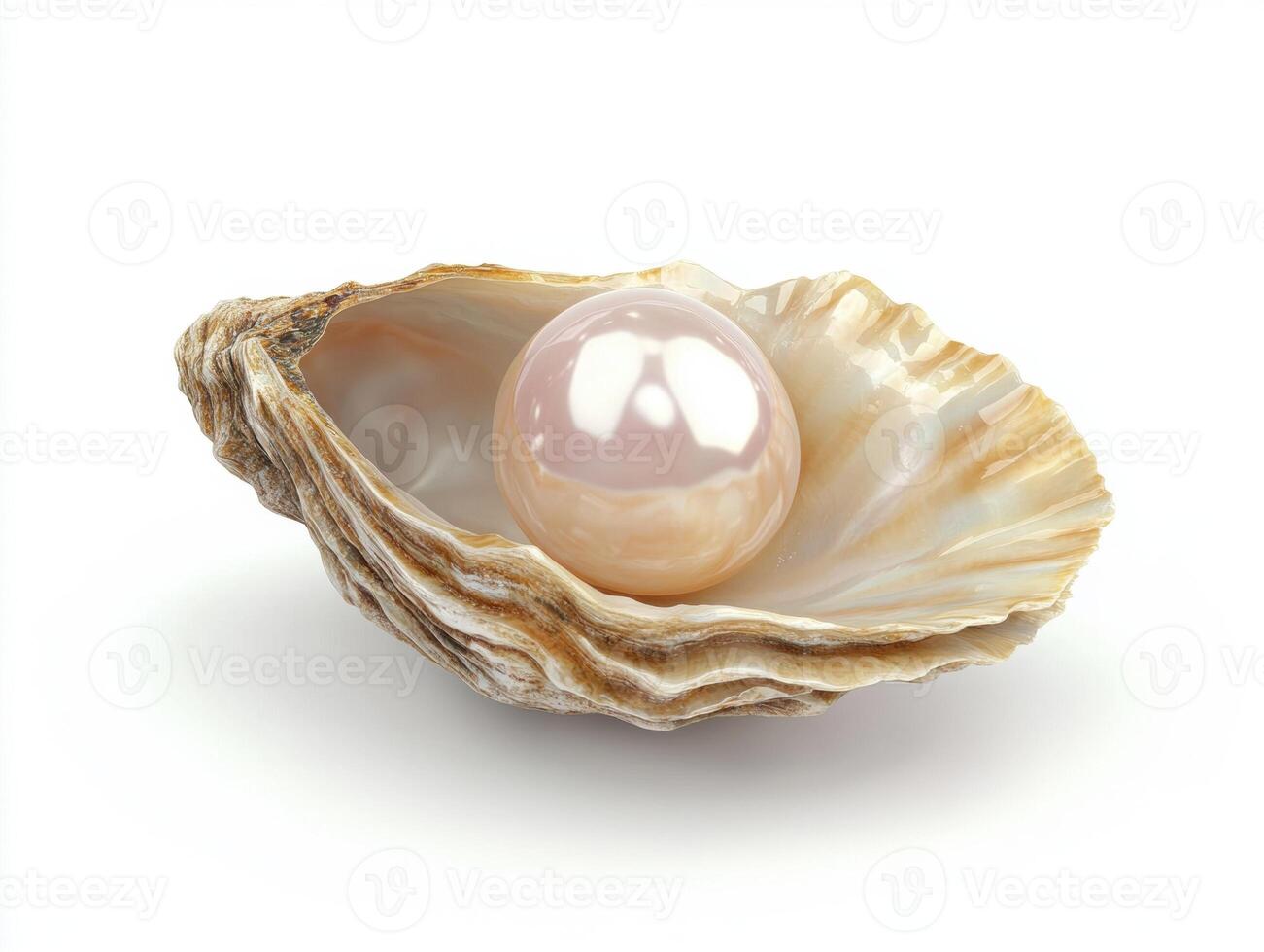 Beautiful pearl nestled in a seashell on a white background photo