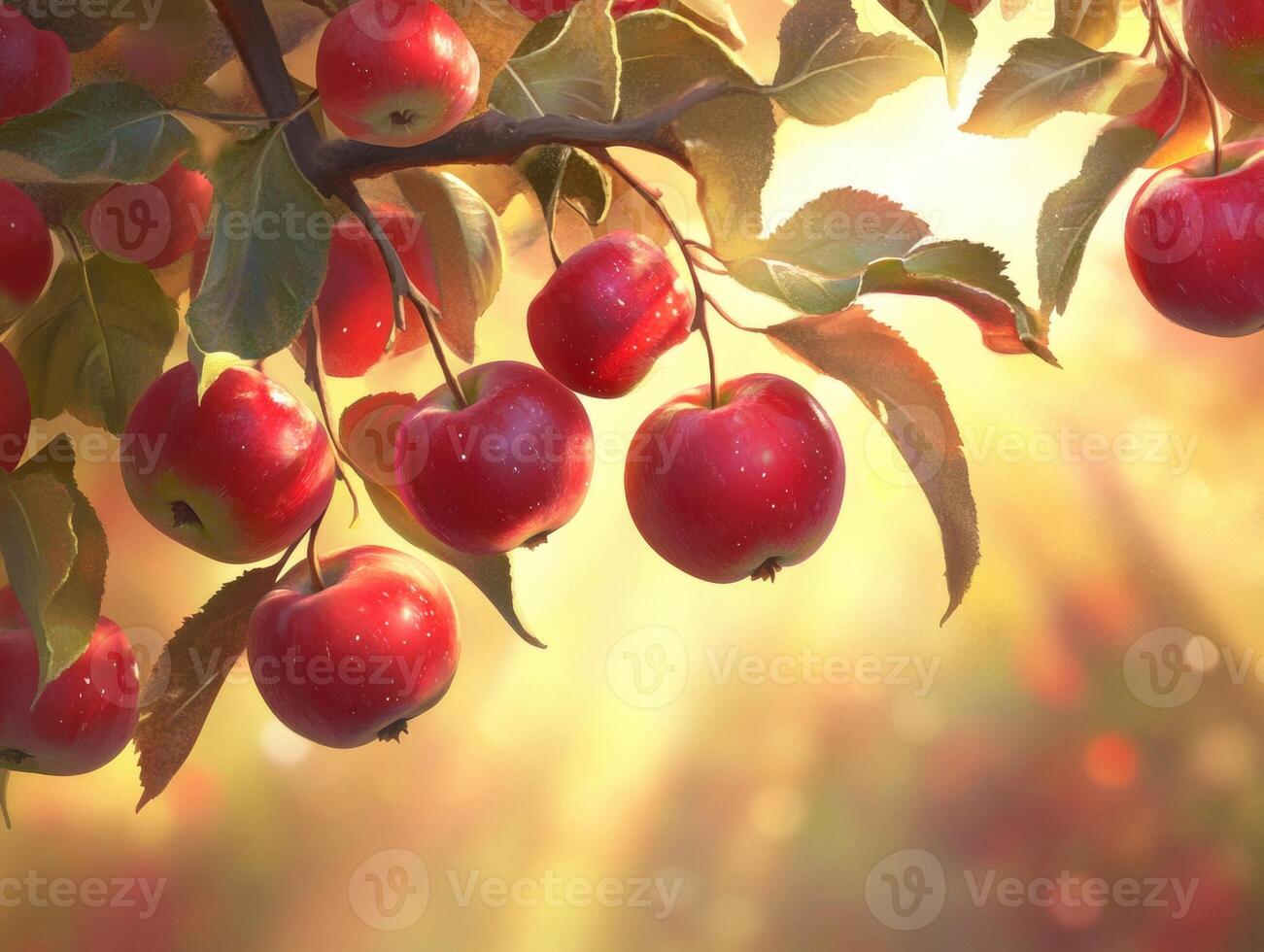 Beautiful red apples glowing in sunlight on a tree branch photo