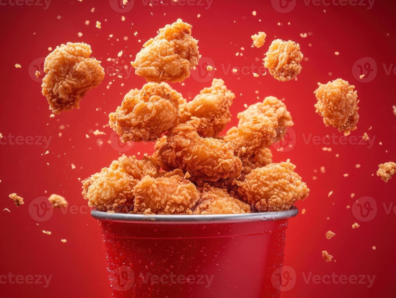Crispy fried chicken pieces flying from a red bucket photo