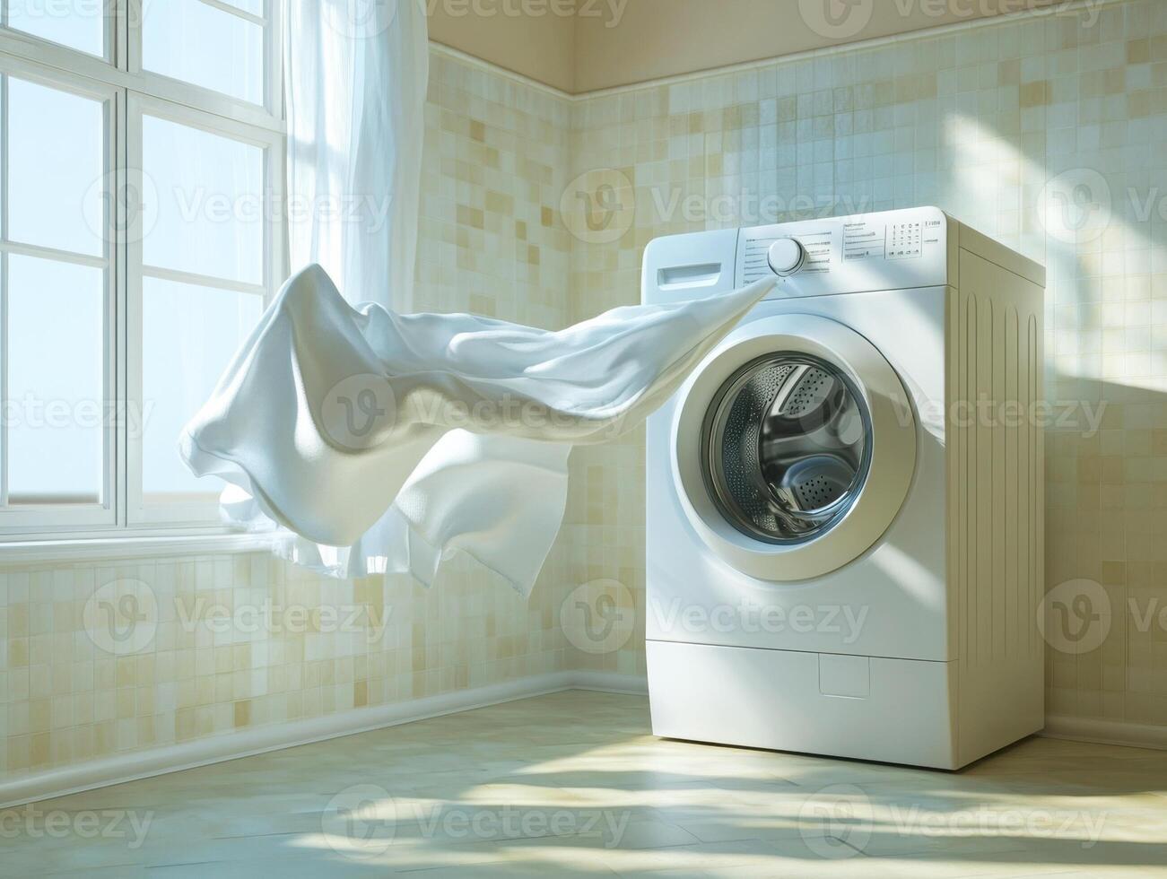 Laundry in a bright, airy room with sunlight streaming in photo