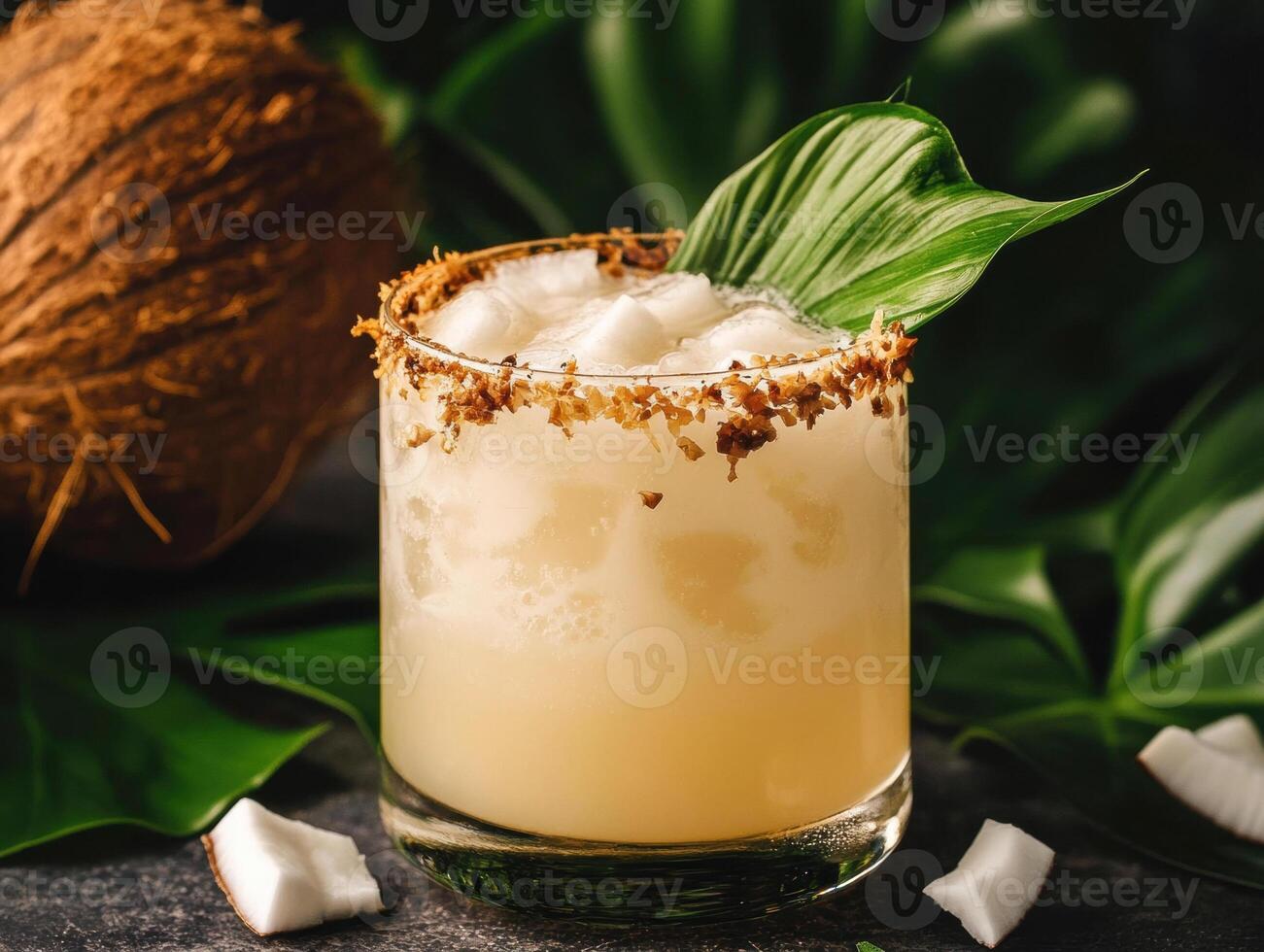 Refreshing coconut cocktail with a tropical touch in a lush setting photo