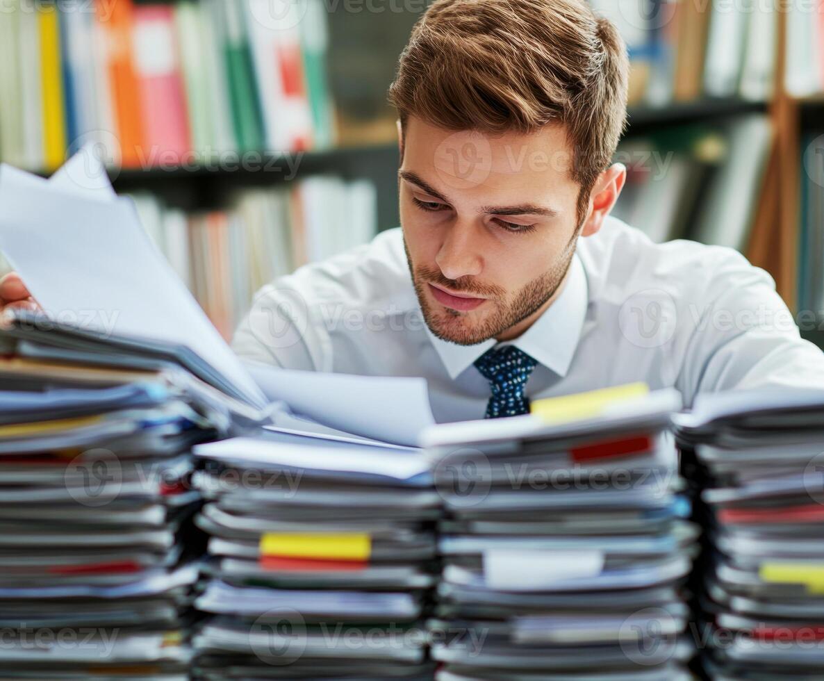 Professional analyzes paperwork for important project deadlines photo