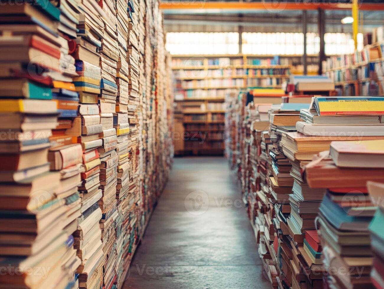 Book-filled aisle in an expansive library with warm lighting photo