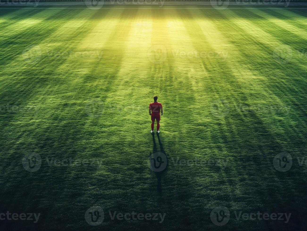 Player stands alone on vibrant grass field during golden hour photo