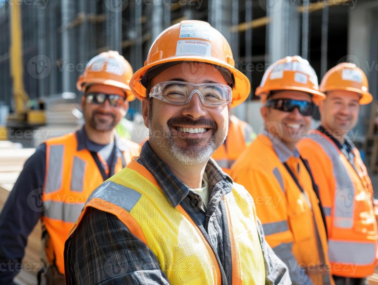 Construction workers smiling at a job site during daylight hours photo