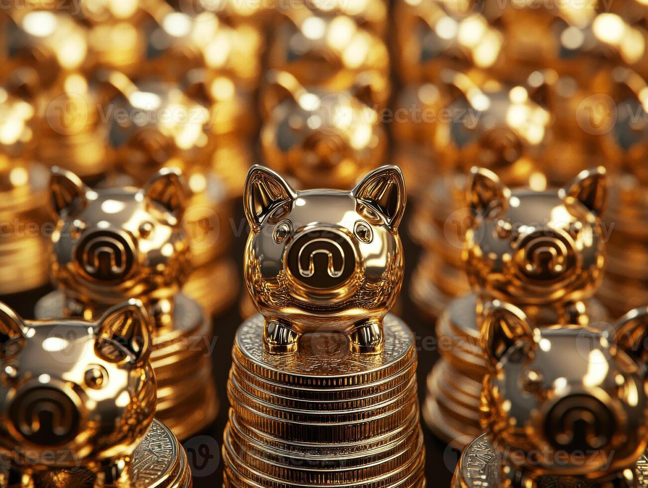 Golden piggy banks stacked on coins in bright display photo