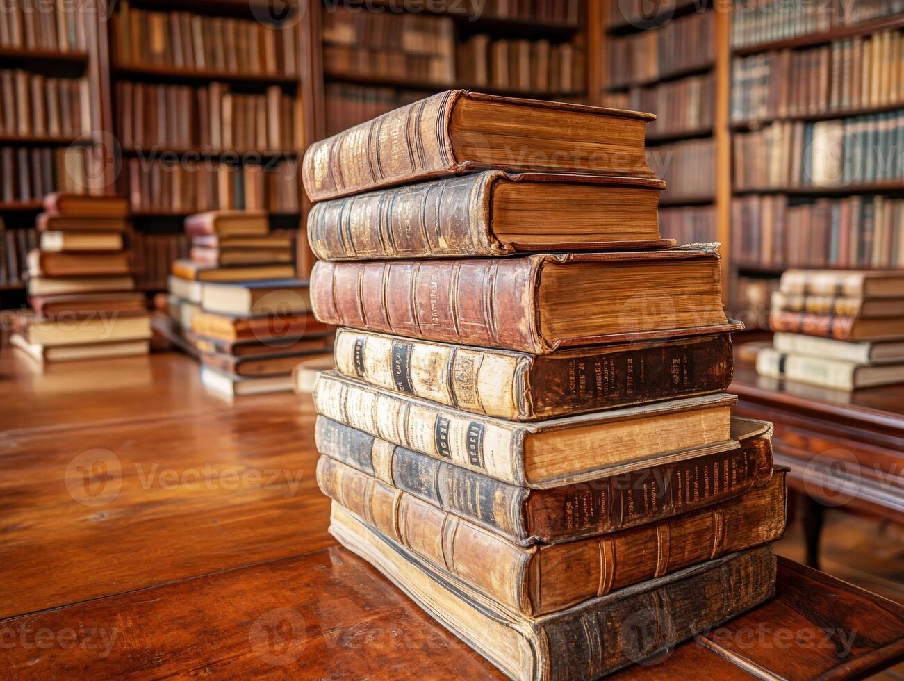Old leather-bound books stacked in a historic library setting photo