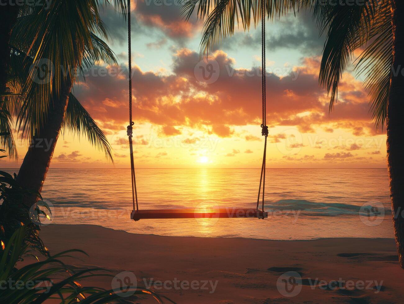 Sunset view from a swing on a tropical beach with palm trees photo